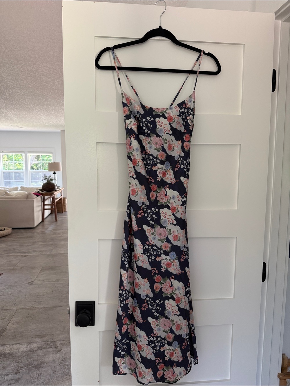 Navy Floral Slip Midi Dress with Pink Blossoms